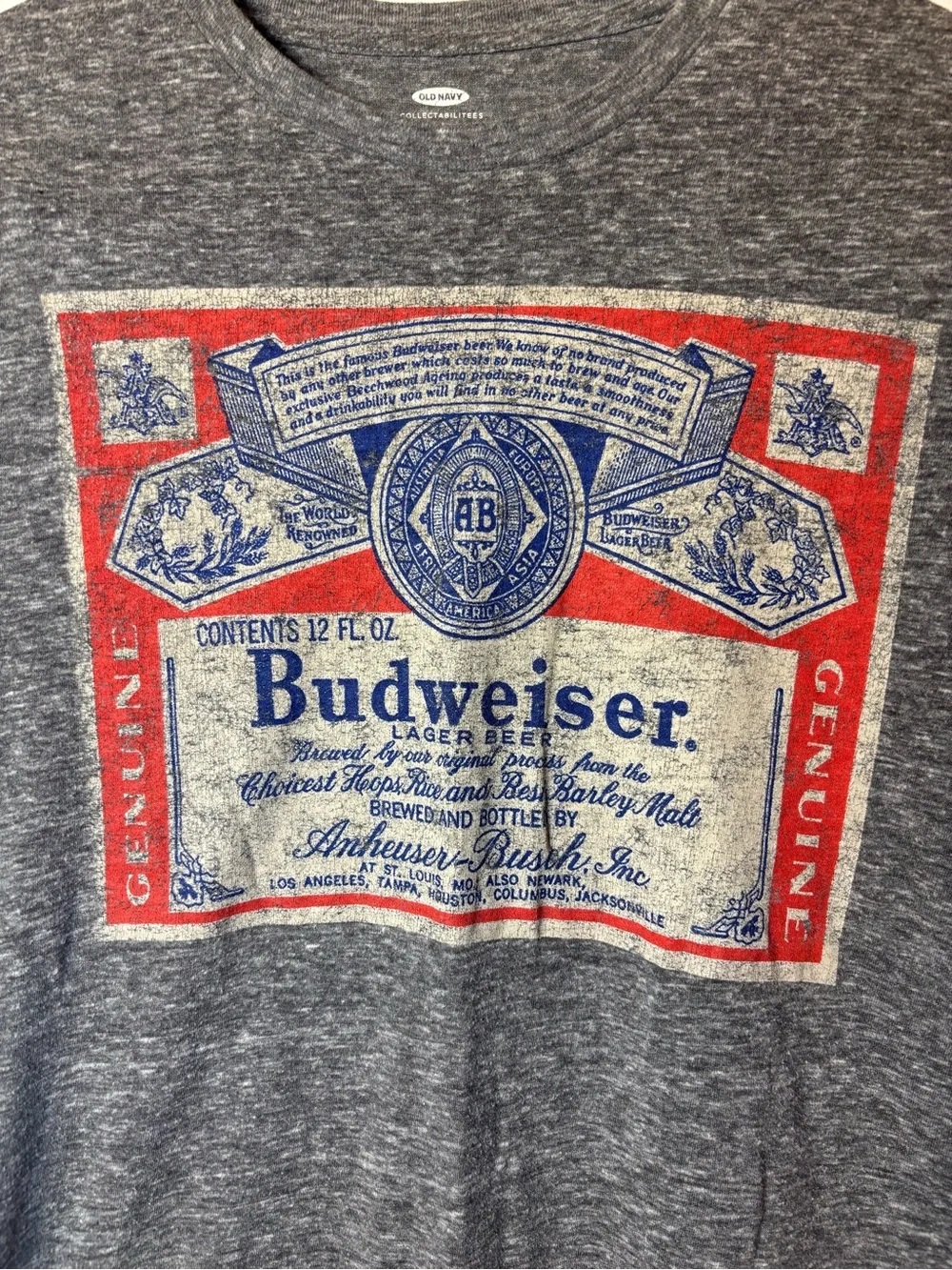 Old Navy Gray Short Sleeve Graphic Budweiser Tee with Red and Blue Print, size S - Picture 2 of 7